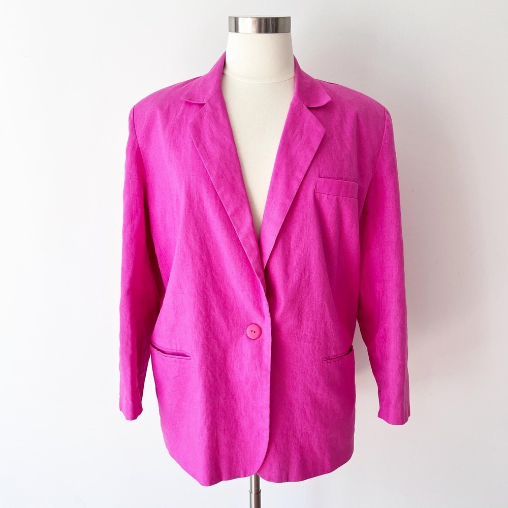Oleg Cassini Blazer Fuchsia Pink Linen Cotton Blend Plus‎ Size 1X Single Button